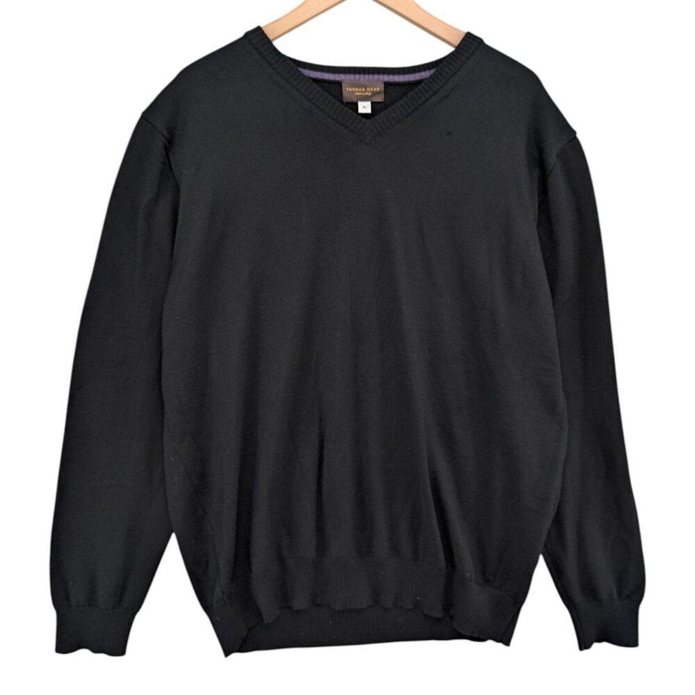 Thomas Dean Merino Wool Sweater Mens Black V Neck Pullover Made In Italy Size XL